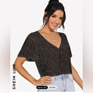 SHEIN Speckled Print Faux Pearl Button-Loop Top